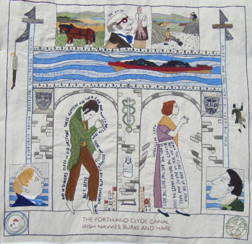 This panel, measuring 1m x 1m, titled "The Forth and Clyde Canal / Irish Navvies Burke and Hare" was completed by the ladies who called themselves "The Whippitie Stouries". Thanks to Christine Simm for photo.